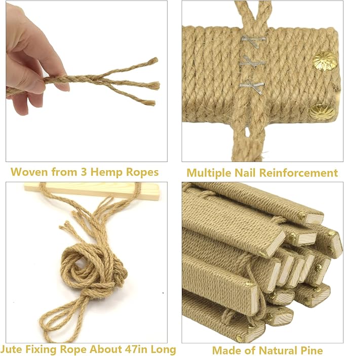 Cat Suspension Bridge,Natural Pine Solid Wood Cat Bridge,Wall Mounted Cat Furniture,Cat Climber Shelves Kitten Hammock,Cat Tree Indoor Hanging Cat Beds(Jute Rope Cat Bridge)