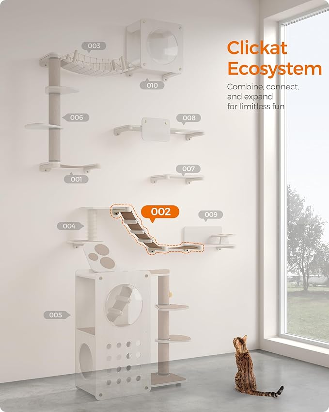Feandrea Clickat Collection - No.002 Cat Climbing Hammock, Wall-Mounted Cat Bed with Stairs, Cat Wall Perch, Extremely Quick Assembly, Unlimited Expandability, Replaceable Washable Fabric