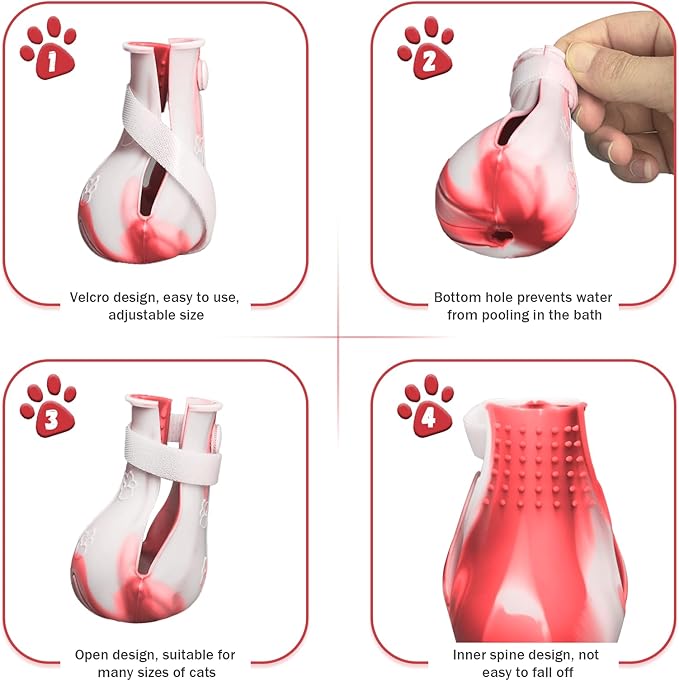 4 Pcs Cat Boots for Cats Only Cat Claw Covers Silicon Cat Mittens to Prevent Scratching Cat Booties for Bathing Nail Clipping Barbering Treatment (Red&White)