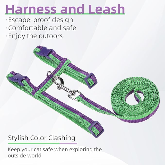 PUPTECK Adjustable Cat Harness and Leash Set Escape Proof Kitten Strap Collar for Walking Travel, Purple Green