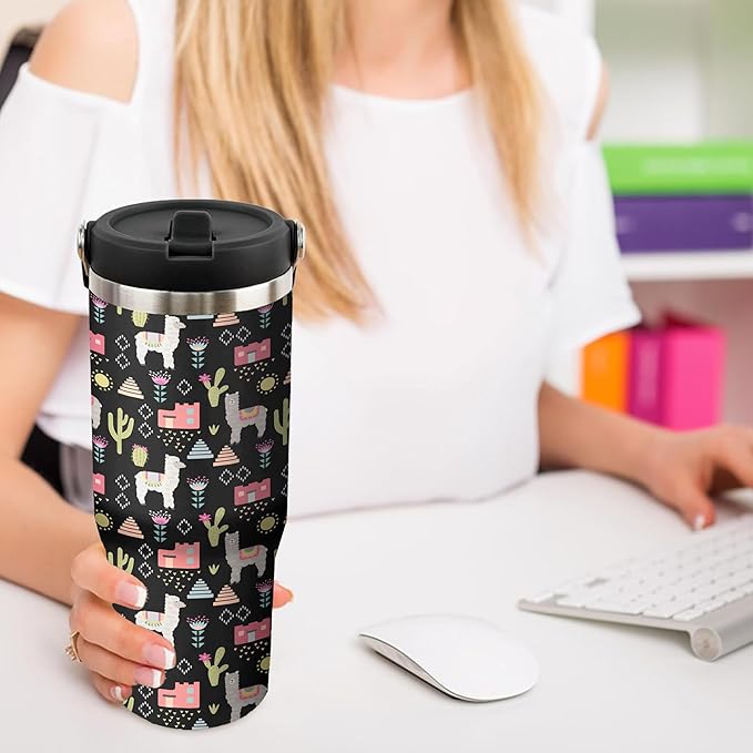 30 Oz Llama Tumbler with Handle and Straw, Alpaca Mug Insulated Llama Coffee Mug, Double Wall Stainless Steel Llama Cup, 30 Oz Llama Mugs with Handle and Straw for Women Gifts