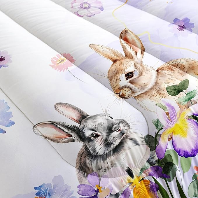 AILONEN Watercolor Rabbit Comforter Set Full Size, Wild Flowers Rabbit Themed Microfiber Soft Bedding Set,3-Piece Tie Dye Rabbit Printed Home Decorative Comforter with 2 Pillowcases