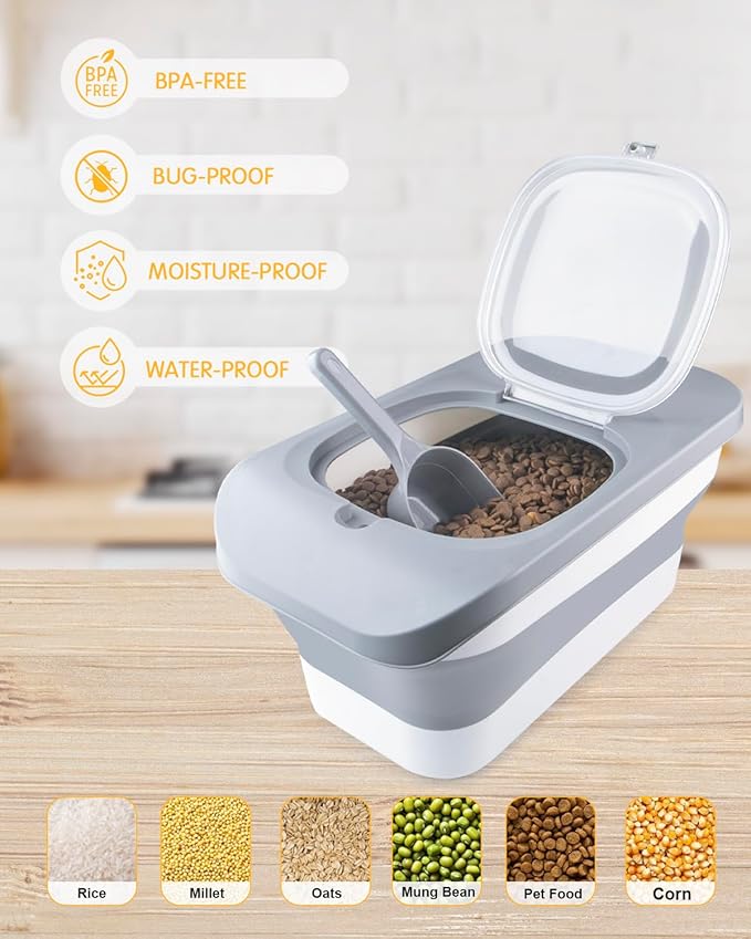 10-13 Lbs Cat Food Container,Collapsible Cat Food Storage with Airtight Lid,Silicone Pet Bowl and Cat Food Scoop，Pet Food Storage containers Dry Food for Pets, Rice (Grey 13lbs 02)