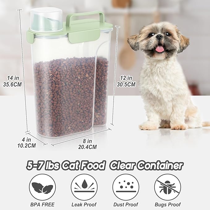 5-10LBS Dog Storage Container with Large Nozzle Design, 4 Safety Buckles, Double-Layer Sealing Strips and a Handle and Measuring Cup is Easy to Clean and Does BPA-free.