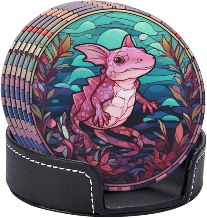 Axolotl Drink Coaster Set of 6, Axolotl Decor Gifts, Leather Drink Coasters with Holder, 6 Pack Cup/Bar/Drink Coasters for Table/Drinks/Coffee Protection Housewarming Gift (Axolotl)