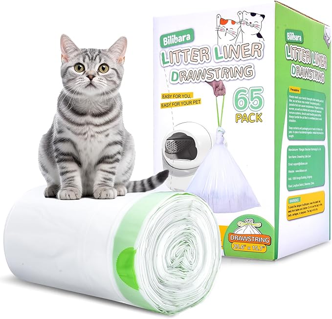 65 Count Drawstring Cat Litter Bags for Most Auto Self-Cleaning Litter Box, Extra Thick Pet Litter Drawer Liners Replacement, Durable Cat Waste Bags, Unscented, 25.6'' W x 15.7'' H