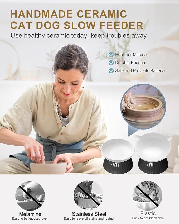 2 Ceramic Raised Cat Food Bowls, Elevated Cat Food and Water Bowl Set, Pet Bowl for Indoor Cats and Small Dogs, Anti-Vomiting Cat Dog Feeder with Plastic Base, Dishwasher Safe, Black…