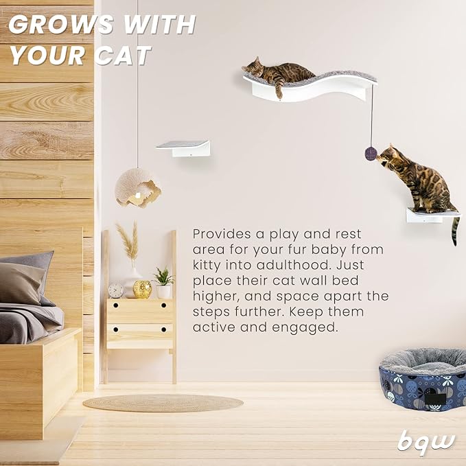 Cat Shelf Wall Mounted Floating Cat Shelf Bed Furniture Climbing Wall for Cat Perching Sleeping Lounging with 2 Steps (Waved)