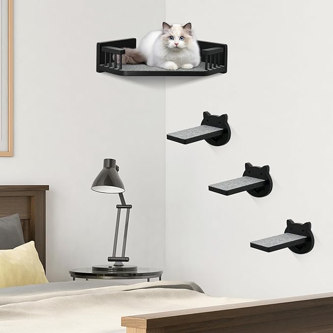 Cat Wall Shelves, Corner Cat Shelves and Perches for Wall, Cat Wall Furniture Cat Shelf with 3 Steps, Wall Mounted Cat Hammock Cat Bed with Plush Covered, Wood Cat Climbing Shelf for Indoor