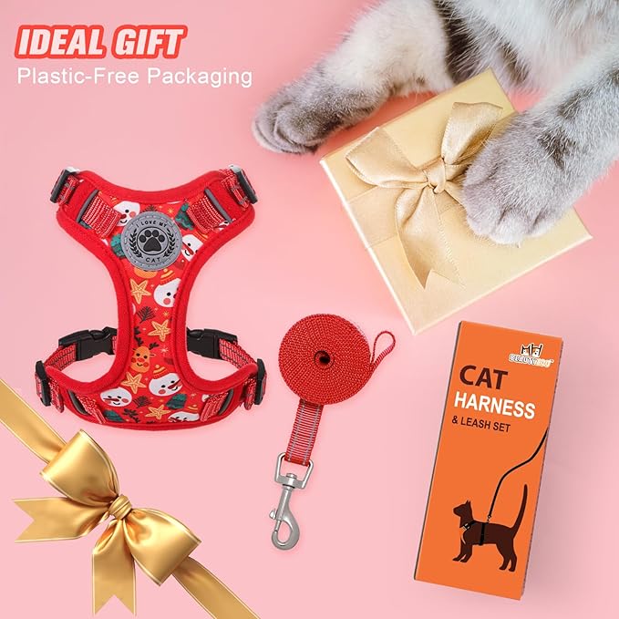 BEAUTYZOO Christmas Cat Harness and Leash Set Christmas Cat Escape Proof Adjustable Leash Cat Christmas Outfit, Comfortable Soft Christmas Vest, Neck Release with Reflective Strip