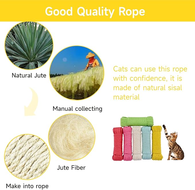 Multicolor Natural Hemp Rope, Cat Scratching Posts Replacement Rope,Repair and Replace Scratching Post cat Tree, 1/4" Rope Cat Scratch Post DIY Jute Twine,Come with a Play Ball(164FT, Yellow)