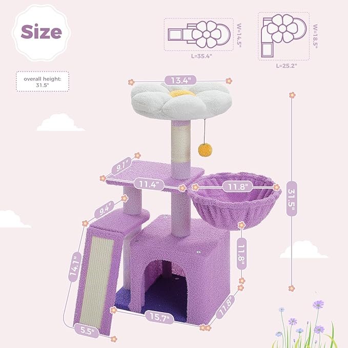 PETEPELA Flower Cat Tree for Indoor Cats, 32'' Small Cat Tower Cat Condo with Sisal Scratching Ramp, Cozy Hammock and Removable Flower Bed Perch for Kittens, Purple