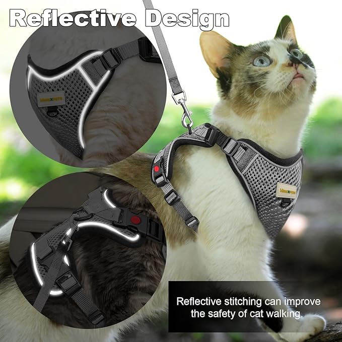 Cat Harness and Leash for Walking, Retractable Cat Harnesses and Leash Set Escape Proof, Breathable Soft Kitten Harness Small Large Cat Harness for Travel Training and Walking, Grey, XXS