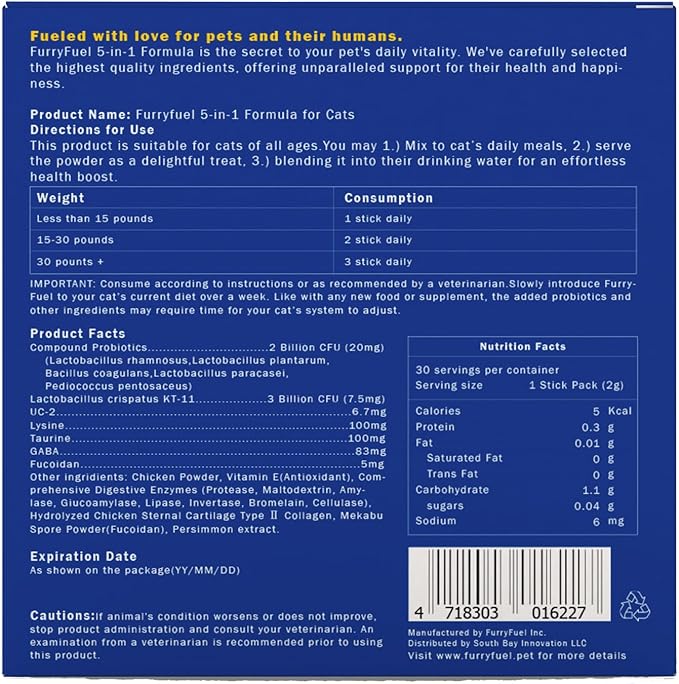 5-in-1 Cat Probiotic Powder Supplement, Vet-Formulated Probiotics + Prebiotics, 5 Billion CFUs for Digestive Support & Health | Cat Vitamins, Nutritions 30 Sticks (Chicken, No Corn or Wheat)