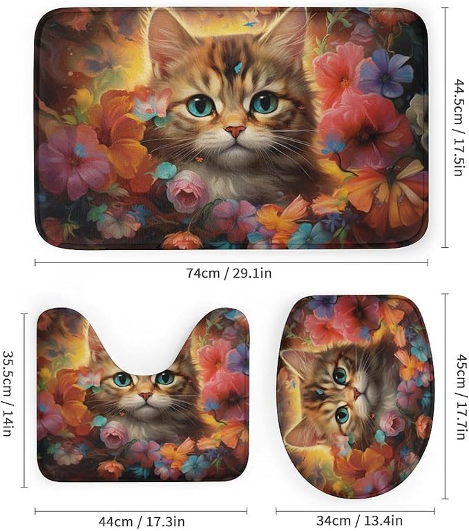 4Pcs Colorful Cat Shower Curtain Sets with Non-Slip Rugs, Toilet Lid Cover and U Shape Bath Mat, Gorgeous Floral Animal Abstract Bathroom Sets Waterproof Shower Curtains with 12 Hooks