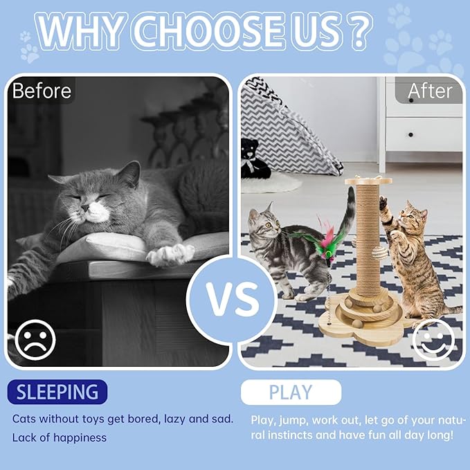 Wood Cat Scratching Posts, Cat Tree Scratching Post with Cat Interactive Toy, Easy Installation Cat Tower for Small Cat (18In)