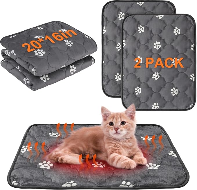 BEAUTYZOO Self Warming Cat Bed Pad, Self Heating Dog Bed Mat, Heated Cat Bed for Indoor Outdoor Cats, Thermal Warmer Pet Pad for Kitten Puppy Washable Non-Slip Chew Proof, 2 Pack 16 x 20 Inches Gray