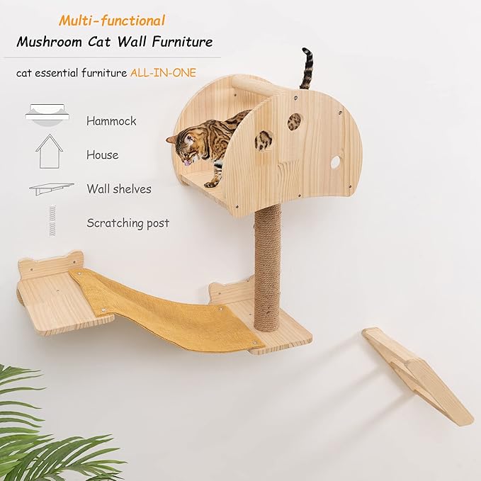 Wall Mounted Cat Tree House Mushroom Cat Shelf for Wall Climbing Solid Wood Indoor Cat Wall Furniture