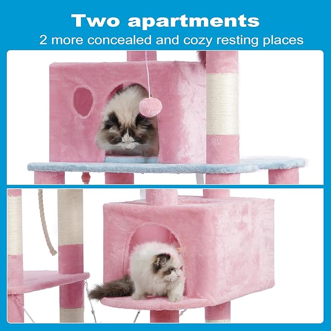 Hey-brother Large Multi-Level Cat Tree Condo Furniture with Sisal-Covered Scratching Posts, 2 Bigger Plush Condos, Perch Hammock for Kittens, Cats and Pets, Blue and Pink MPJ020BP