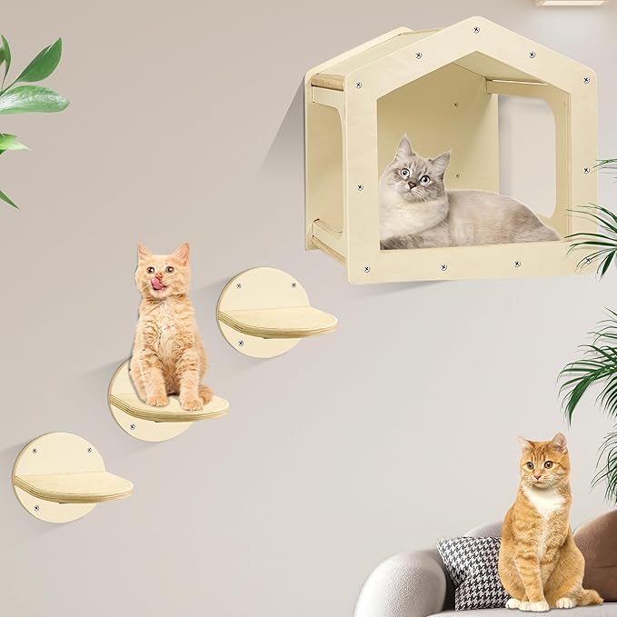 Cat Wall Shelves, Cat Shelves and Perches for Wall, Cat House Fit Cat Up to 25Lbs, 1 Cat Condo House and 3 Large Cat Steps with Scratching Pad, Cat Climbing Shelf for Indoor, Cat Wall Furniture