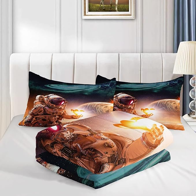 AILONEN Astronaut Comforter Set for Teens Boys Kids Girls, Space Astronaut Bedding Set Full Size,Outer Space Themed Quilted Duvet Bed Set,Planet Quilt,1 Comforter 2 Pillowcases 3 Piece