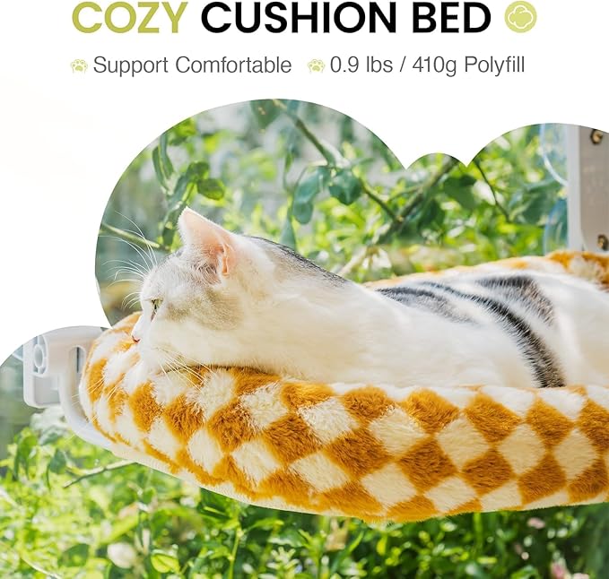 Mewoo Cat Window Perch, Cordless Cat Window Hammock with 4 Strong Suction Cups, Embeded Cat Hammock for Window, Steel Frame and Removable Soft Cover (Brown, Medium)