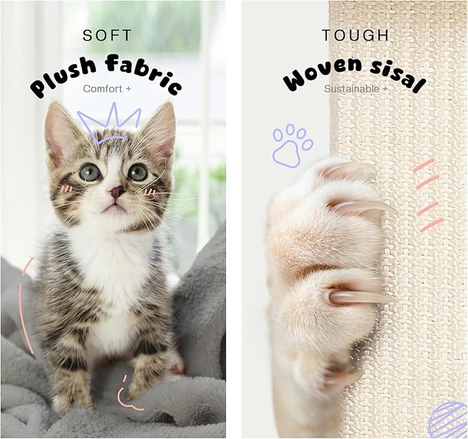 Small Cat Tree, 31 Inches Tall Cat Scratching Post with Perch & Condo & Hammock, Natural Woven Sisal Cat Post Sctacher, Kitten Scratching Posts for Indoor Cats, Cat Scratch Tower, Gray