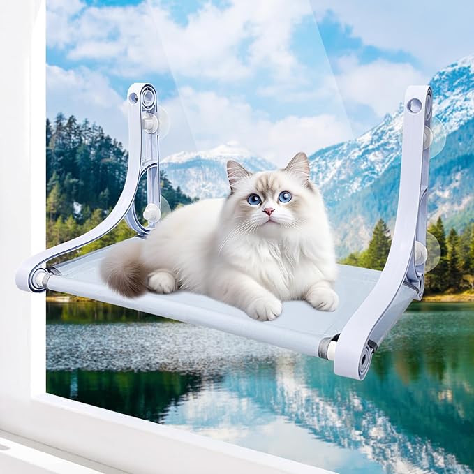 Cat Window Sill Perch - 4 Strong Suction Cups, Cordless Cat Hammock 2 Support Modes, Spacious and Comfortable Cat Gift - for Sunbathing/Napping/Looking Out - Holds Up to 40 Lbs
