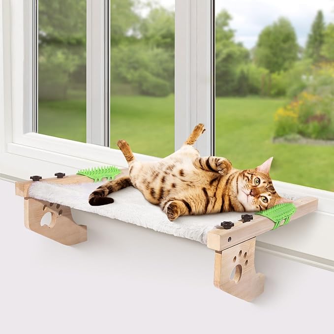 Cat Sill Window Perch Sturdy Cat Hammock Window Seat with Cat Self Groomer,Wood & Metal Frame for Large Cats,Easy to Adjust Cat Bed for Windowsill,Bedside