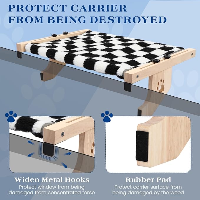 Suzile 2 Set Cat Window Sill Perch with Sturdy Solid Wood Frame Cat Window Hammock with Flannel Mat Adjustable Cats Seat Bed Shelves for Windowsill, Bedside, Drawer and Cabinet up to 33 Lbs