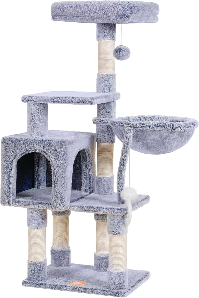 Heybly Cat Tree with Toy, Cat Tower condo for Indoor Cats, Cat House with Padded Plush Perch, Cozy Hammock and Sisal Scratching Posts, Pewter HCT004SPE