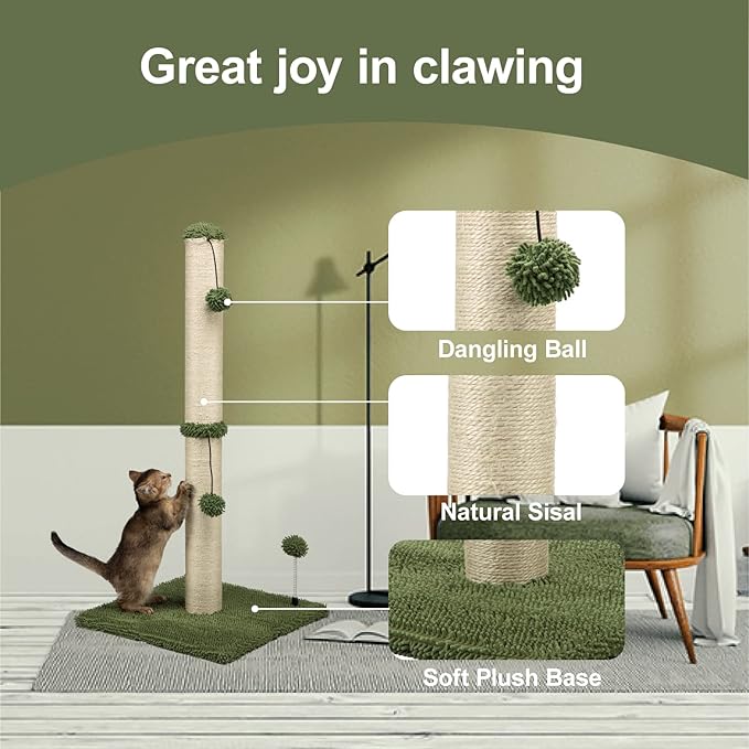 MECOOL 34“ Tall Cat Scratching Post Premium Basics Kitten Scratcher Sisal Scratch Posts Trees with Hanging Ball for Indoor Cats (34 inches for Adult Cats, Cactus Green)