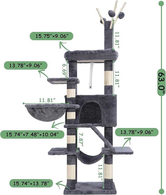 Cat Tree, 63 inch Multi-Level Cat Tower for Indoor Cats, Cat Condo with Cat Scratching Post and Board, Cat Hammock, Smoky Gray GCT011G