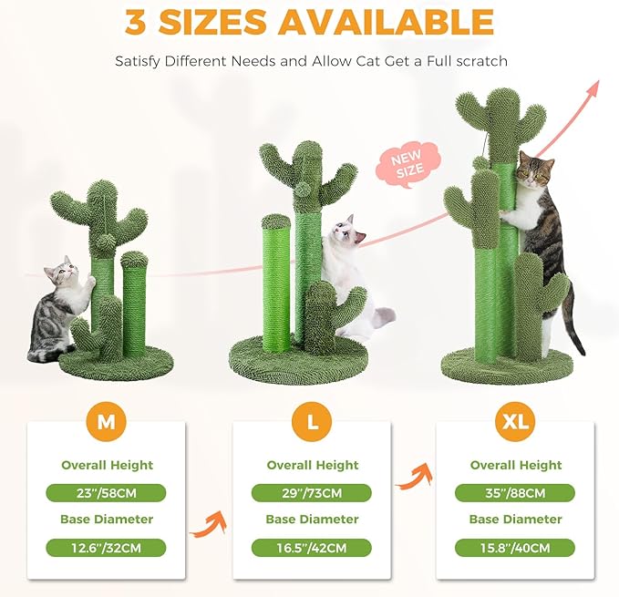 PAWZ Road Cat Scratching Post Cactus Cat Scratcher with 3 Scratching Poles and Dangling Ball Large 27 Inches