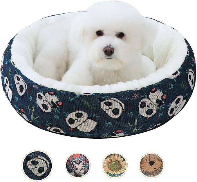 Circular Calming Dog & Cat Bed Anti-Anxiety Plush Dog Bed Washable Pet Bed with Anti Slip Backing Donut Cuddler with Cute Jacquard Patterns for Cat and Small Puppy 30" (Small, Panda)