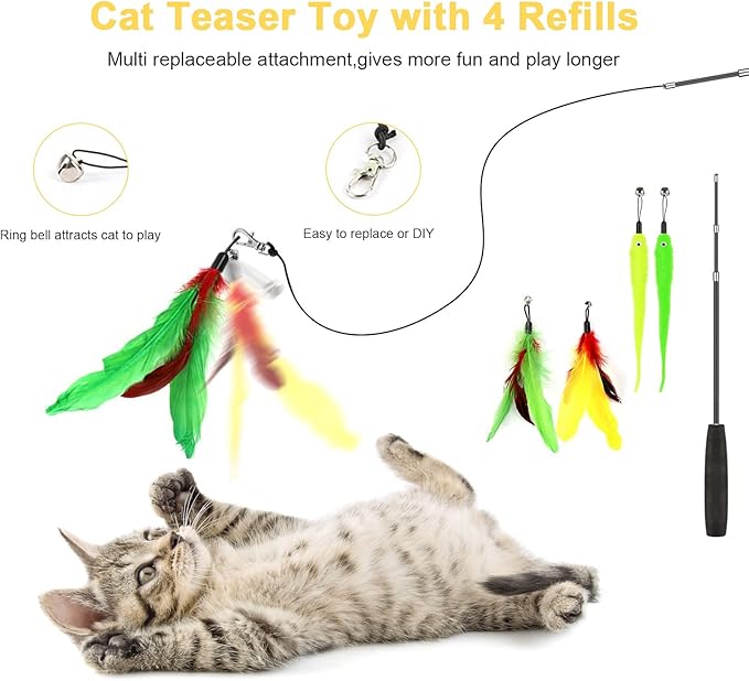 34Pcs Cat Toys Kitten Toys,Interactive Cat Toys Set with Collapsible Cat Tunnels Tent for Indoor Cats,Retractable Cat Wand Toys Catnip Toys Cat Feather Teaser Fluffy Mouse Crinkle Balls for Cat,Kitty
