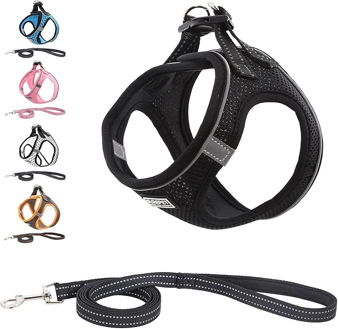 Soft Mesh Dog Harness and Leash Set, Step-in Reflective Breathable Comfort Padded Quick Dry Pet Puppy Vest Harness for Extra-Small/Small Medium Dogs and Cats (Black, L)