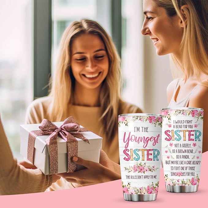 34HD Sister Gifts from Sister, Lilttle Sister Tumbler with Lid 20 oz Stainless Steel, I Would Fight A Bear for You Sister Mug, Sister Coffee Mug, Lil Sister Gifts