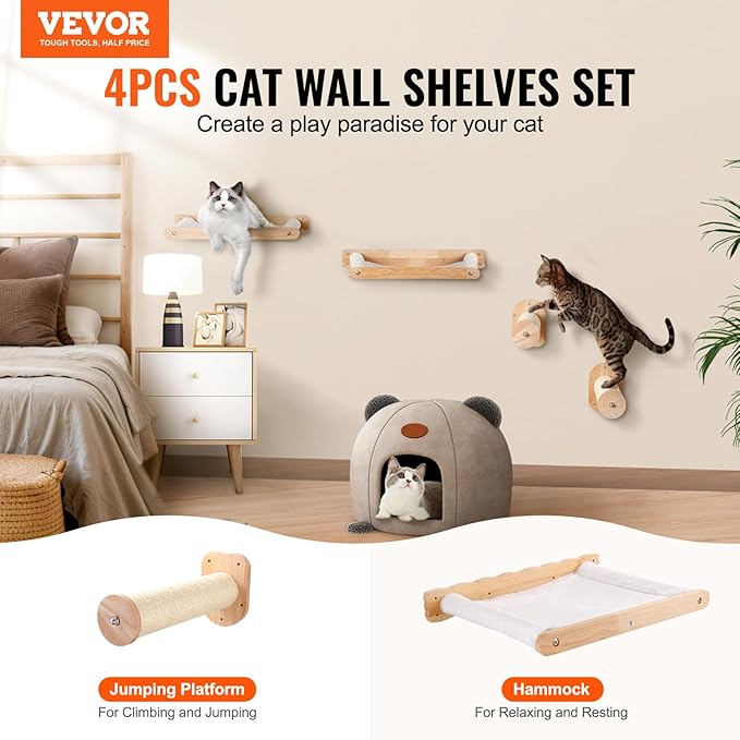 VEVOR Wall Mounted Cat Shelves, Cat Wall Shelves and Perches with Jumping Posts & Hammocks, Cat Furniture Set up to 40 lbs, Removable & Washable Coral Fleece for Sleeping, Playing, Climbing, Set of 4