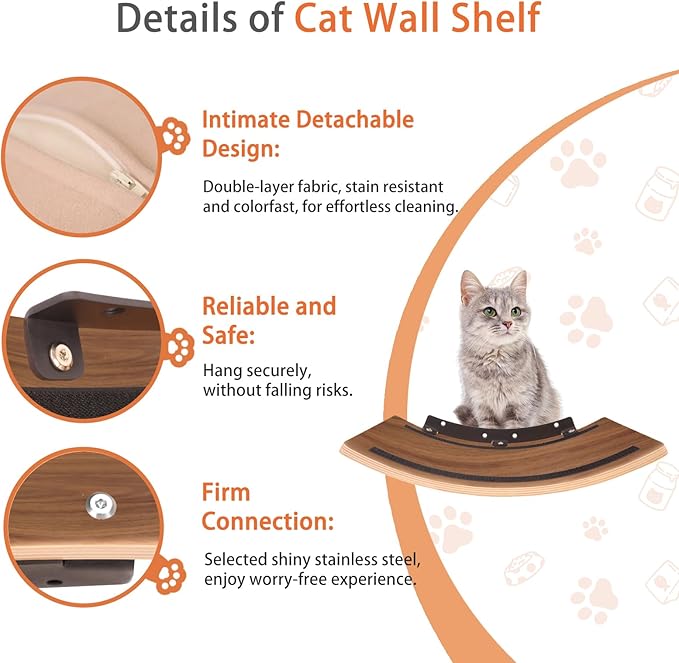 Cat Wall Shelves Curved Floating Cat Shelf Perch Bed with Cushion Wooden Easy to Install Cat Wall Furniture for Climbing Sleeping 16.5"x10.2"(Walnut)