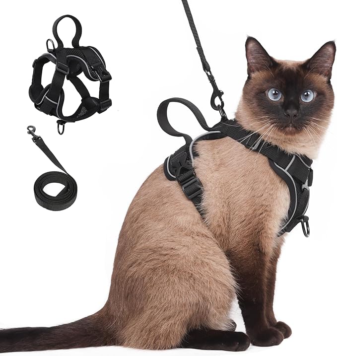 Cat Harness and Leash Set Escape Proof Adjustable Tactical Vest Breathable Kitten Harness with Handle for Walking Reflective Strips Jacket for Dark Night