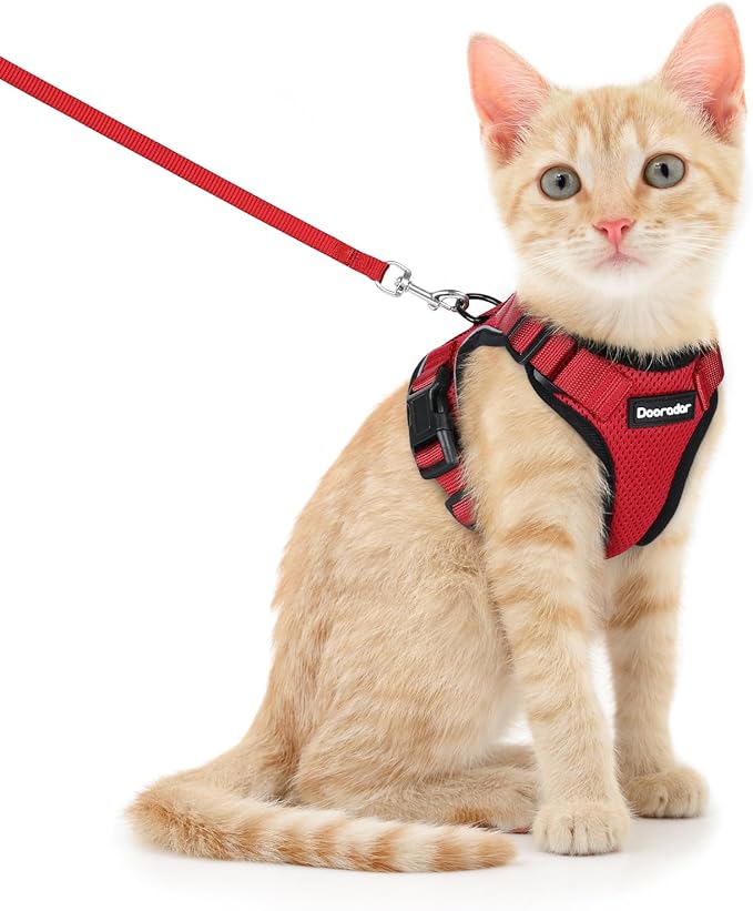 Dooradar Cat Harness and Leash Set, Escape Proof Safe Adjustable Kitten Vest Harnesses for Walking, Easy Control Soft Breathable Mesh Jacket with Reflective Strips for Cats, Red, XS