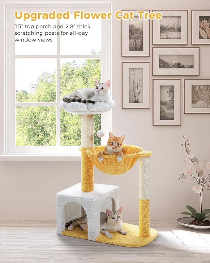 Cute Cat Tree with Flower Top Bed - Cloud Scratching Posts, 35" Small Cat Tower with Large Metal Frame Hammock for Indoor Cats, White Cat Condo for Kittens, Yellow