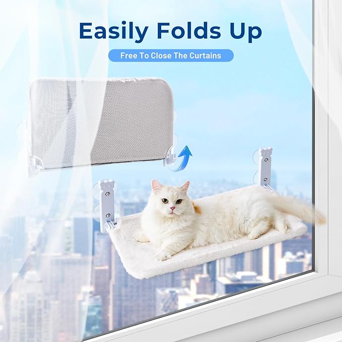 Cat Window Perch for Cats Inside, Foldable Cat Window Hammock for Cats Indoor, Cordless Cat Window Bed Seat with 4 Suction Cups, Sturdy Metal Frame, Soft Reversible Cover, Medium, White