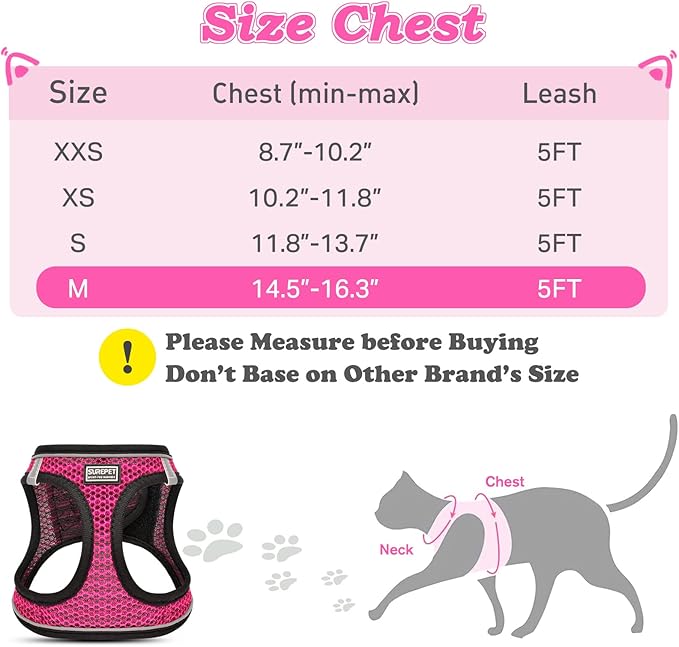 Cat Harness and Leash for Walking Escape Proof, Adjustable Kitten Vest Harness Reflective Soft Mesh Puppy Harness for Outdoor, Comfort Fit, Easy to Control (Pink, M)