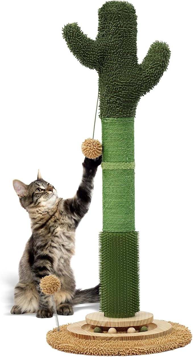 OTOB 36" Tall Cat Scratching Post, Natural Sisal Rope Cactus Scratcher Post, Vertical 6-in-1 Interactive Turntable Cat Scratch Post with Soft Ball Toys, Protect Your Furniture for All Indoor Cats
