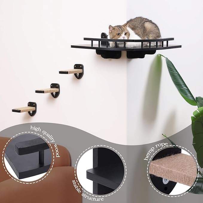 Cat Shelves for Wall, 2 Pcs Cat Wall Shelves with 3 Cat Wall Steps, Wood Cat Wall Furniture Set with Plush Covered, Wall-Mounted Cat Climbing Shelves Cat Perch for Indoor Large Cat (Black)