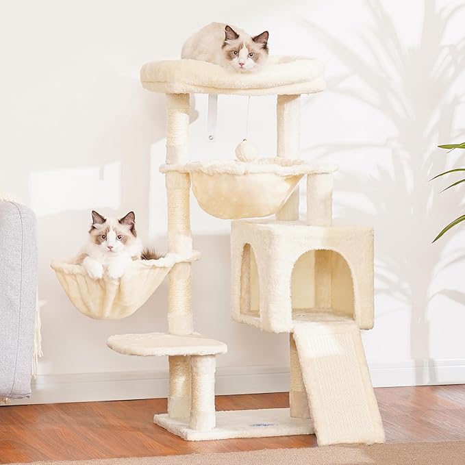 Hey-brother Cat Tree, Cat Tower for Indoor Cats, Cat House with Large Padded Bed, Cozy Condo, Hammocks, Sisal Scratching Posts, Big Scratcher, Beige MPJ006SM