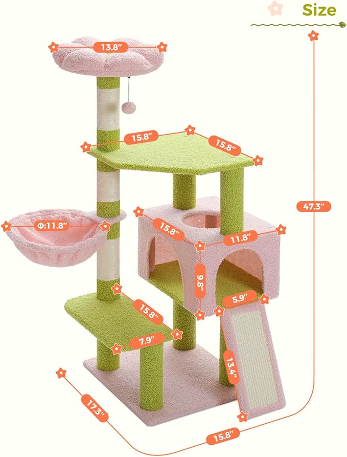 Flower Cat Tree 47.2" Multi-Level Cat Tower with Sisal Covered Scratching Posts, Cute Cat Condo for Indoor Small Medium Cats, Pink Top Perch, Ramp, Fluffy Ball, Pink