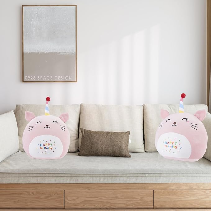 16 Inch Plush Birthday Cat Kitty Stuffed Animal Happy Birthday Cat Hugging Pillow Birthday Cat Plushies Throw Pillow Birthday Pink Cat Kitten Anime Gift for Kids and Lovers